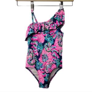Lilly Pulitzer Girls One-Shoulder Ruffle One-Piece Swimsuit - Navy, Pink, Teal